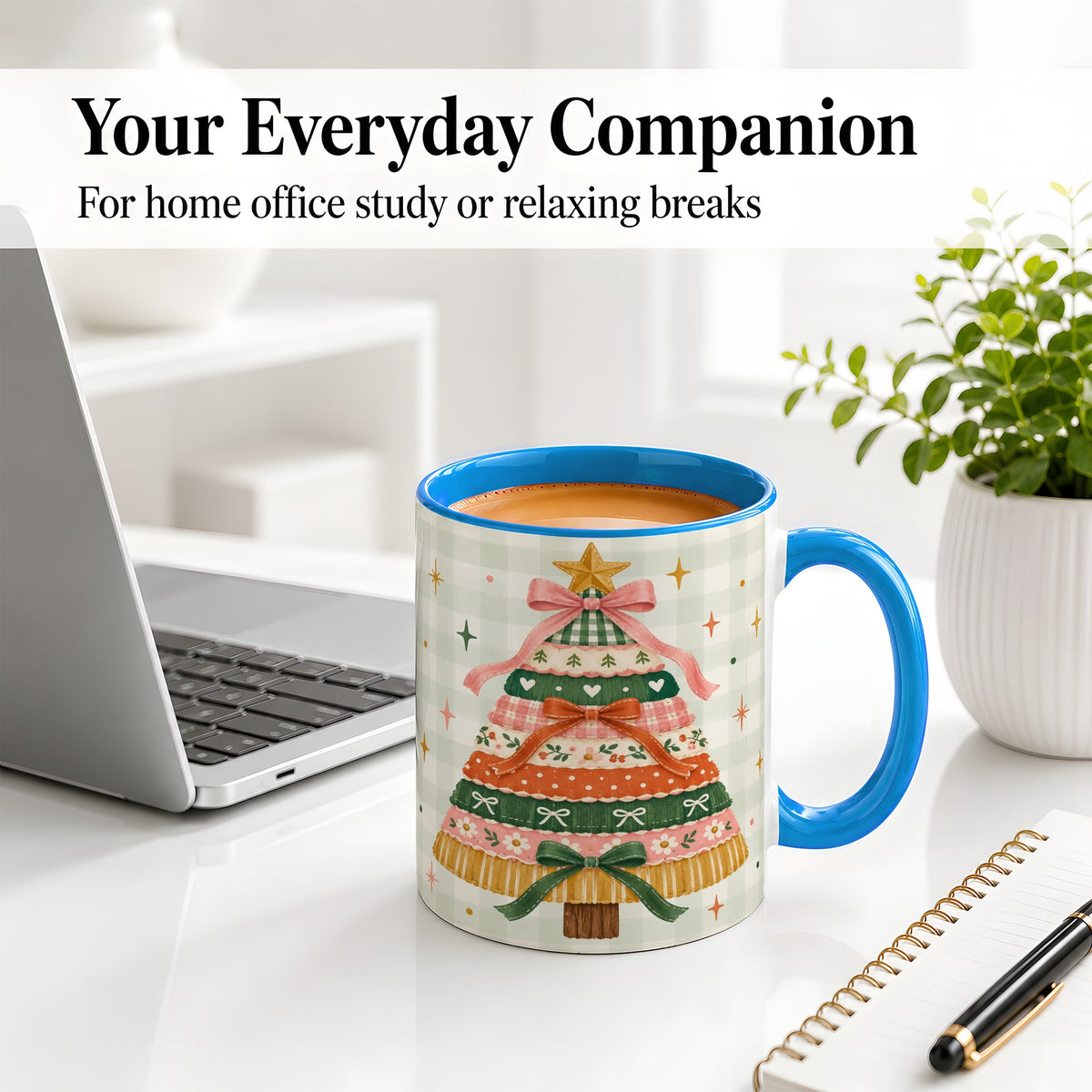#pl[11oz|Blue] Patchwork Christmas Tree Accent Mug, Ceramic Mug with Bow Art