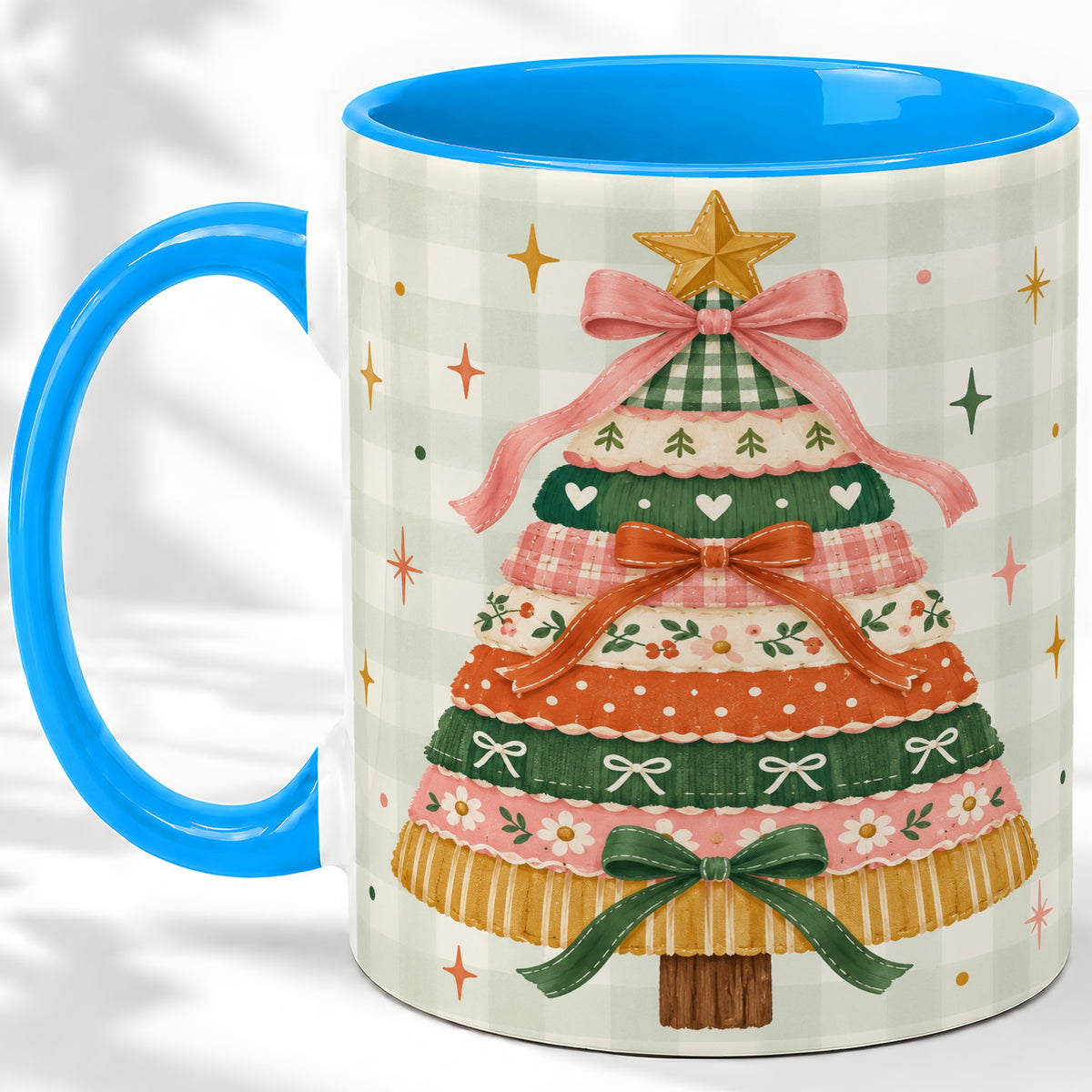 #pl[11oz|Blue] Patchwork Christmas Tree Accent Mug, Ceramic Mug with Bow Art