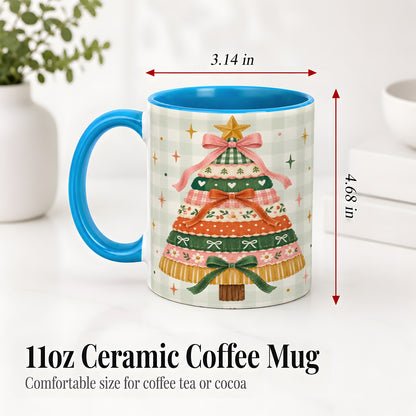 #pl[11oz|Blue] Patchwork Christmas Tree Accent Mug, Ceramic Mug with Bow Art