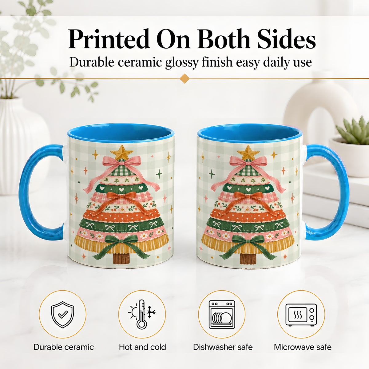 #pl[11oz|Blue] Patchwork Christmas Tree Accent Mug, Ceramic Mug with Bow Art