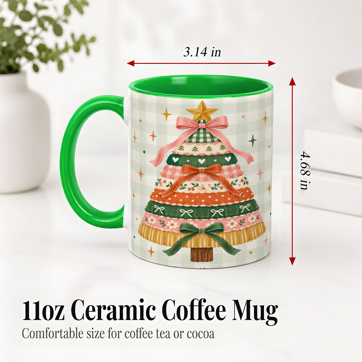 #pl[11oz|Green] Patchwork Christmas Tree Accent Mug, Ceramic Mug with Bow Art