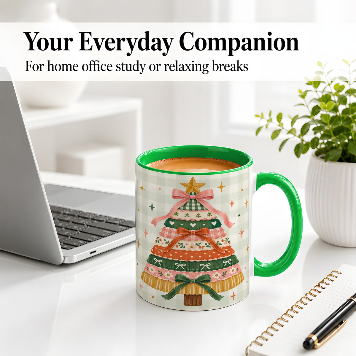 #pl[11oz|Green] Patchwork Christmas Tree Accent Mug, Ceramic Mug with Bow Art