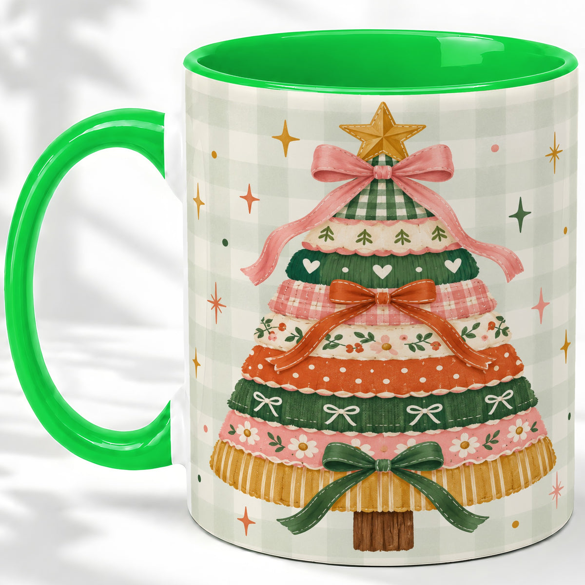 #pl[11oz|Green] Patchwork Christmas Tree Accent Mug, Ceramic Mug with Bow Art