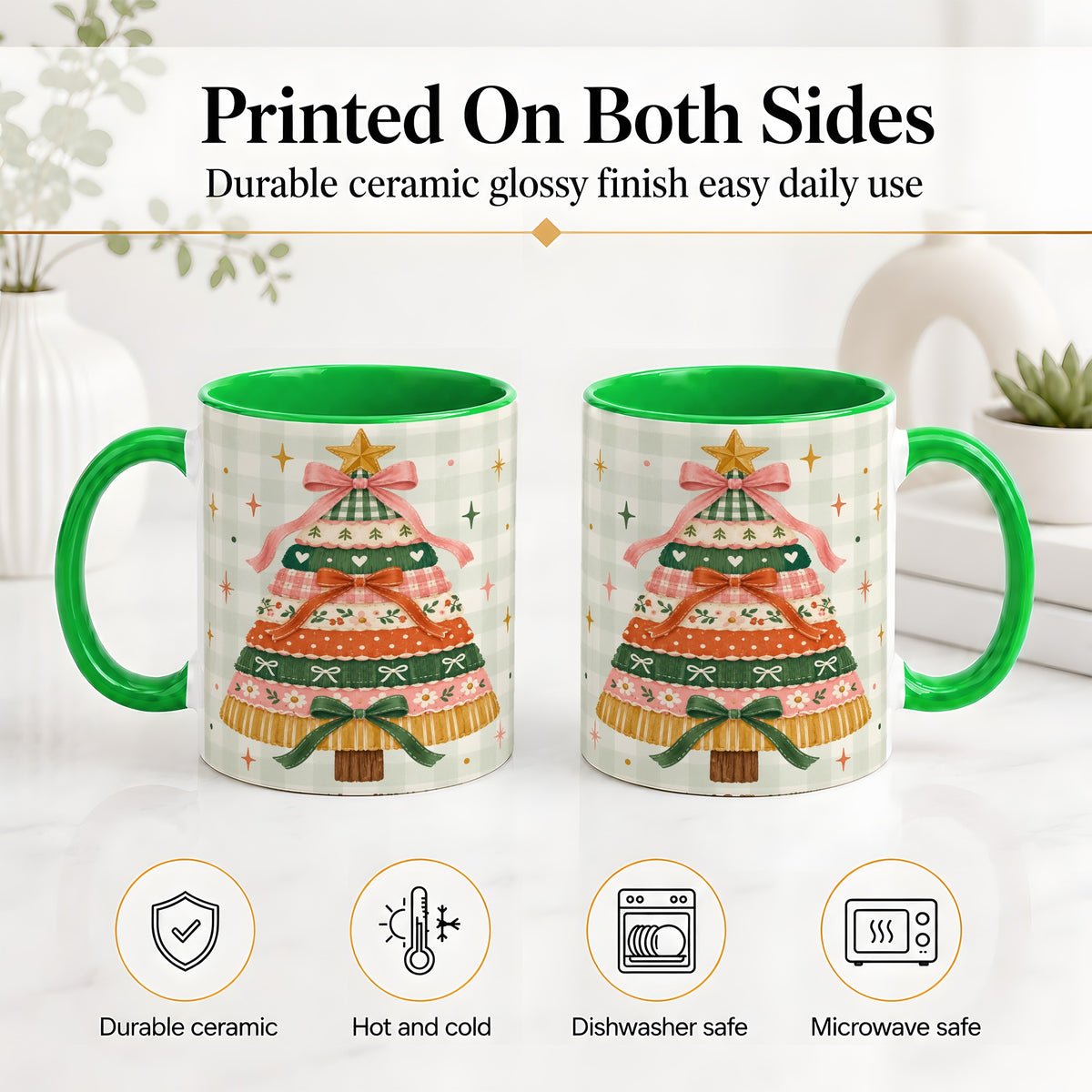 #pl[11oz|Green] Patchwork Christmas Tree Accent Mug, Ceramic Mug with Bow Art