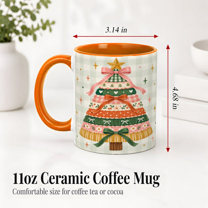 #pl[11oz|Orange] Patchwork Christmas Tree Accent Mug, Ceramic Mug with Bow Art