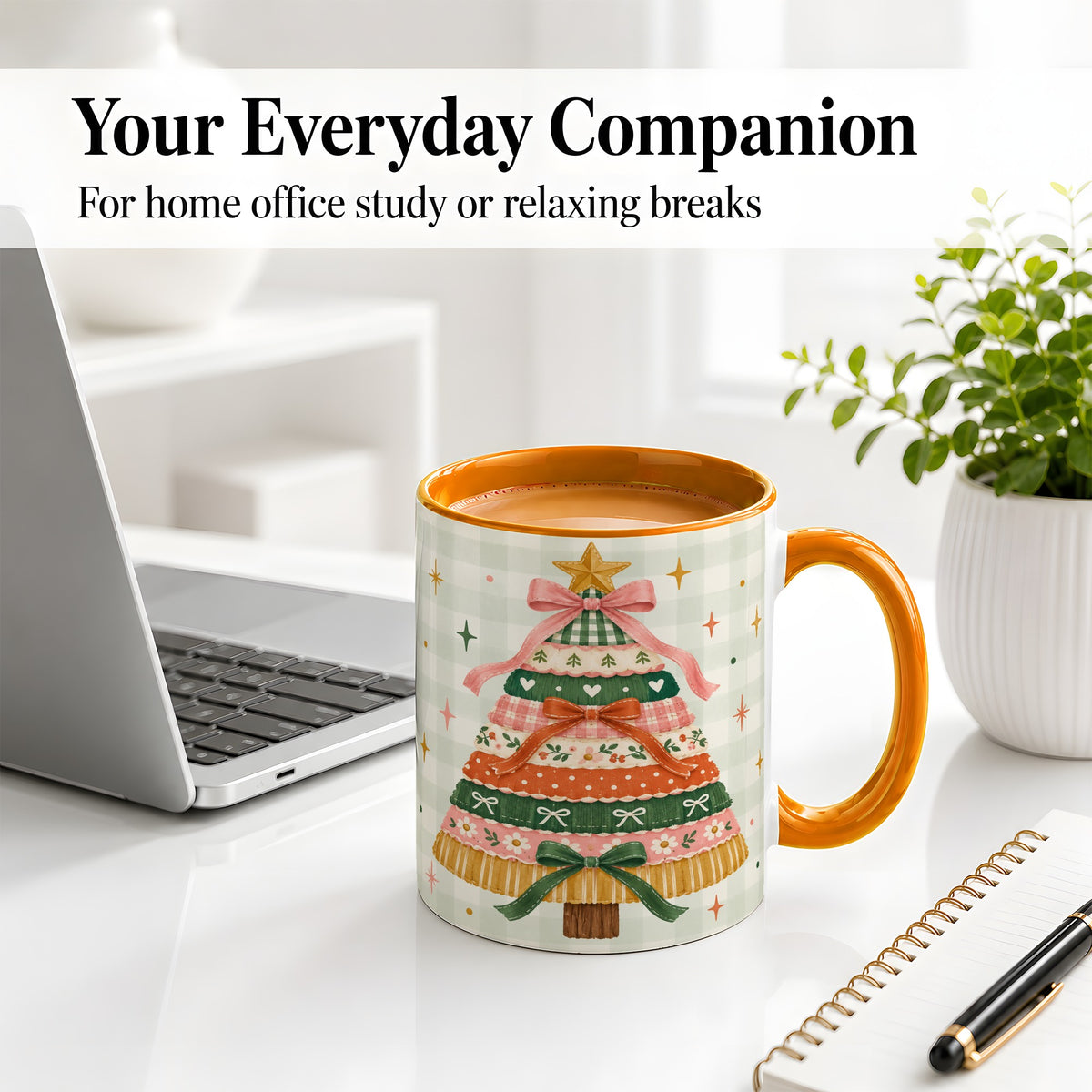 #pl[11oz|Orange] Patchwork Christmas Tree Accent Mug, Ceramic Mug with Bow Art