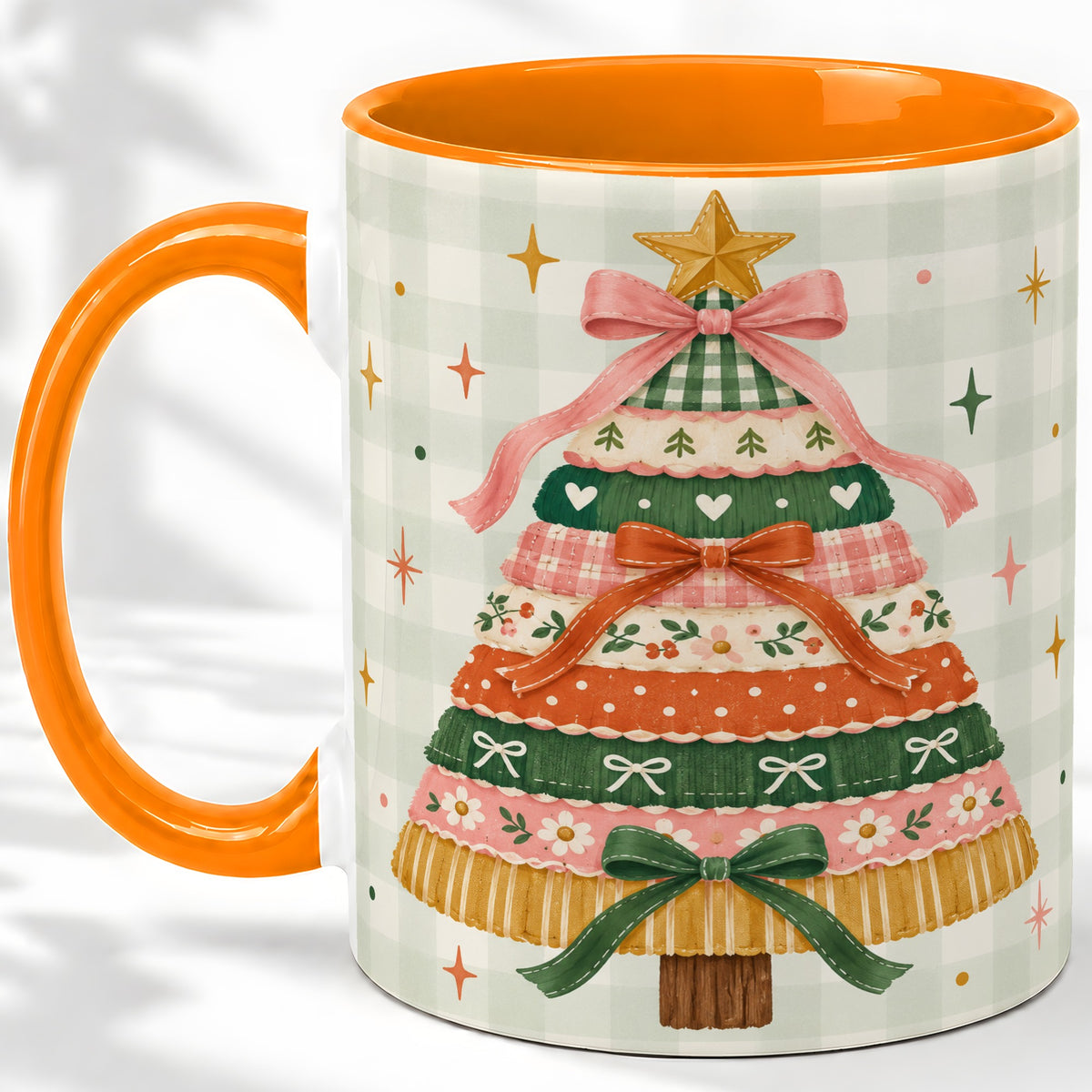 #pl[11oz|Orange] Patchwork Christmas Tree Accent Mug, Ceramic Mug with Bow Art