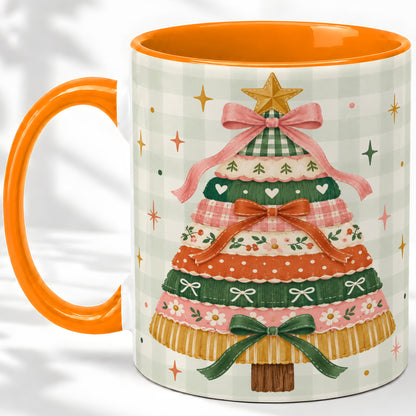 #pl[11oz|Orange] Patchwork Christmas Tree Accent Mug, Ceramic Mug with Bow Art