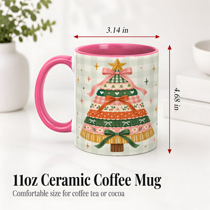 #pl[11oz|Pink] Patchwork Christmas Tree Accent Mug, Ceramic Mug with Bow Art