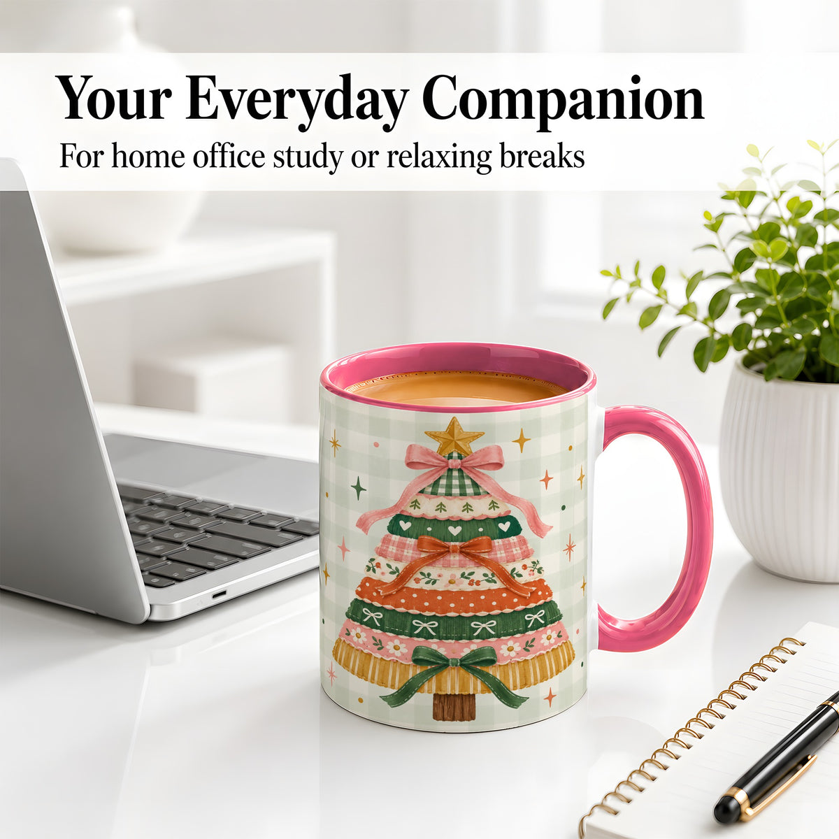 #pl[11oz|Pink] Patchwork Christmas Tree Accent Mug, Ceramic Mug with Bow Art