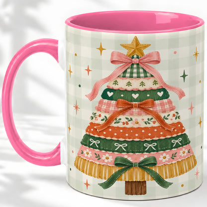#pl[11oz|Pink] Patchwork Christmas Tree Accent Mug, Ceramic Mug with Bow Art