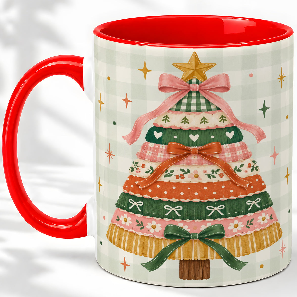 Patchwork Christmas Tree Accent Mug, Ceramic Mug with Bow Art