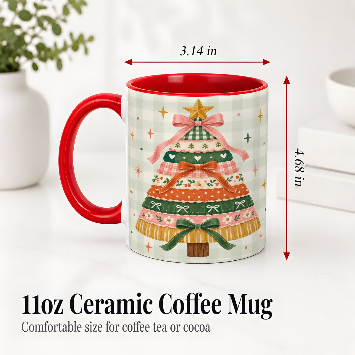 #pl[11oz|Red] Patchwork Christmas Tree Accent Mug, Ceramic Mug with Bow Art