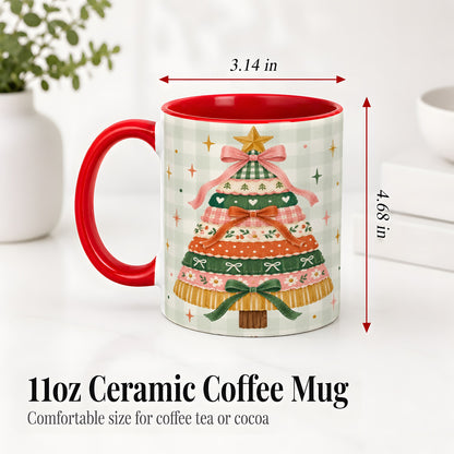 #pl[11oz|Red] Patchwork Christmas Tree Accent Mug, Ceramic Mug with Bow Art