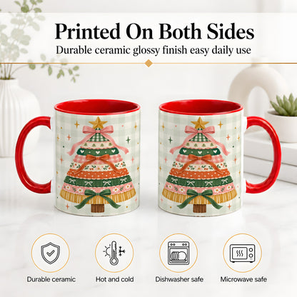 #pl[11oz|Red] Patchwork Christmas Tree Accent Mug, Ceramic Mug with Bow Art
