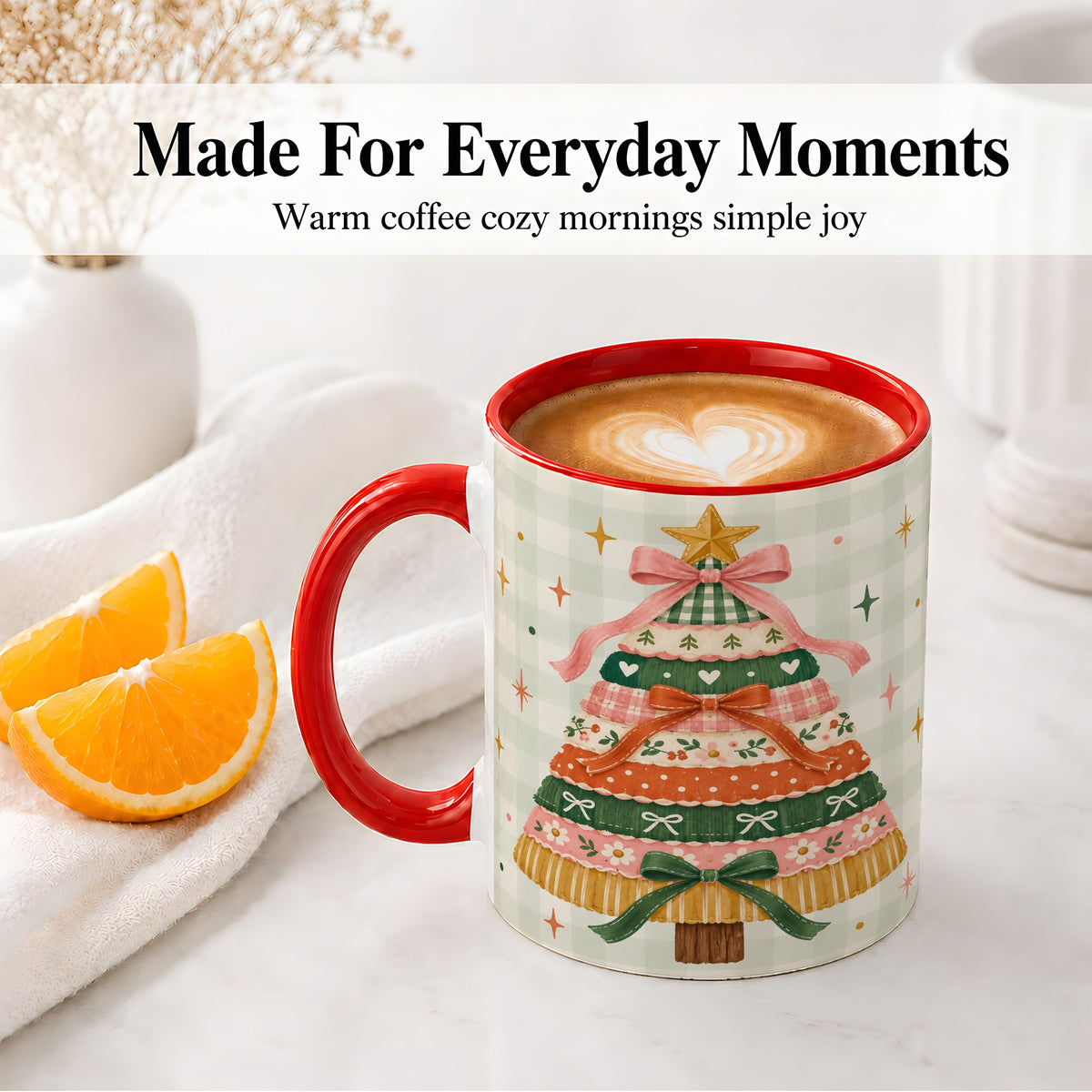 #pl[11oz|Red] Patchwork Christmas Tree Accent Mug, Ceramic Mug with Bow Art