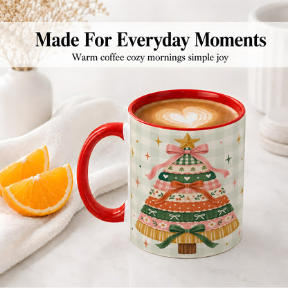 #pl[11oz|Red] Patchwork Christmas Tree Accent Mug, Ceramic Mug with Bow Art