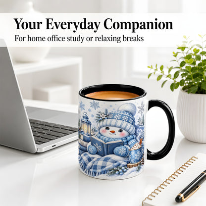 #pl[11oz|Black] Cozy Winter Snowman Accent Mug, Ceramic Mug with Book Art