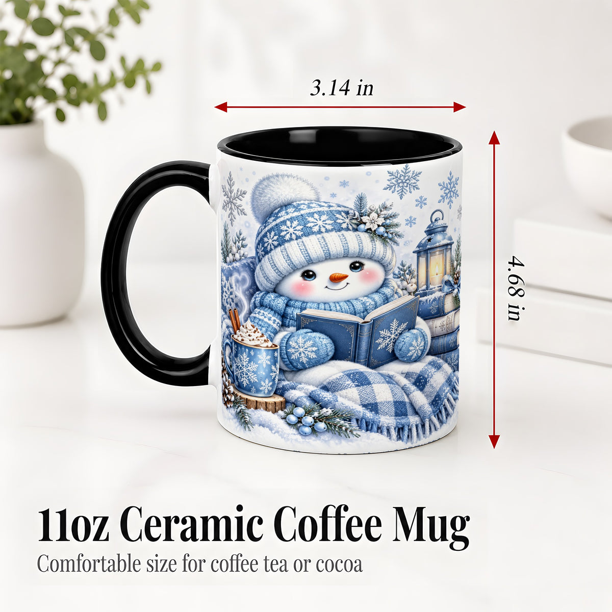 #pl[11oz|Black] Cozy Winter Snowman Accent Mug, Ceramic Mug with Book Art