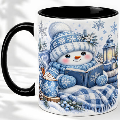 #pl[11oz|Black] Cozy Winter Snowman Accent Mug, Ceramic Mug with Book Art