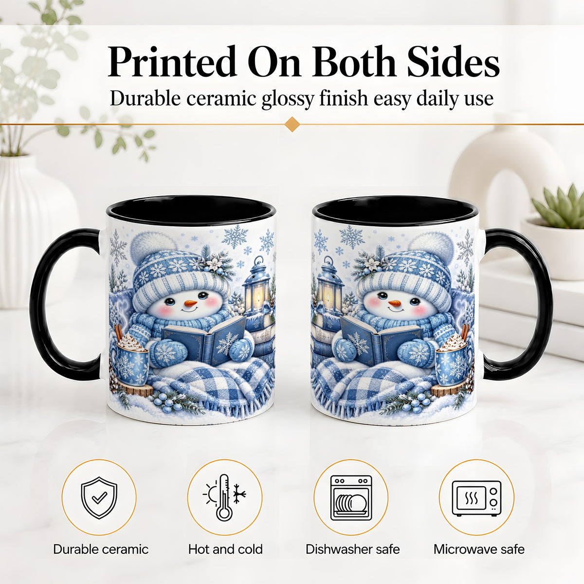 #pl[11oz|Black] Cozy Winter Snowman Accent Mug, Ceramic Mug with Book Art