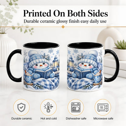 #pl[11oz|Black] Cozy Winter Snowman Accent Mug, Ceramic Mug with Book Art
