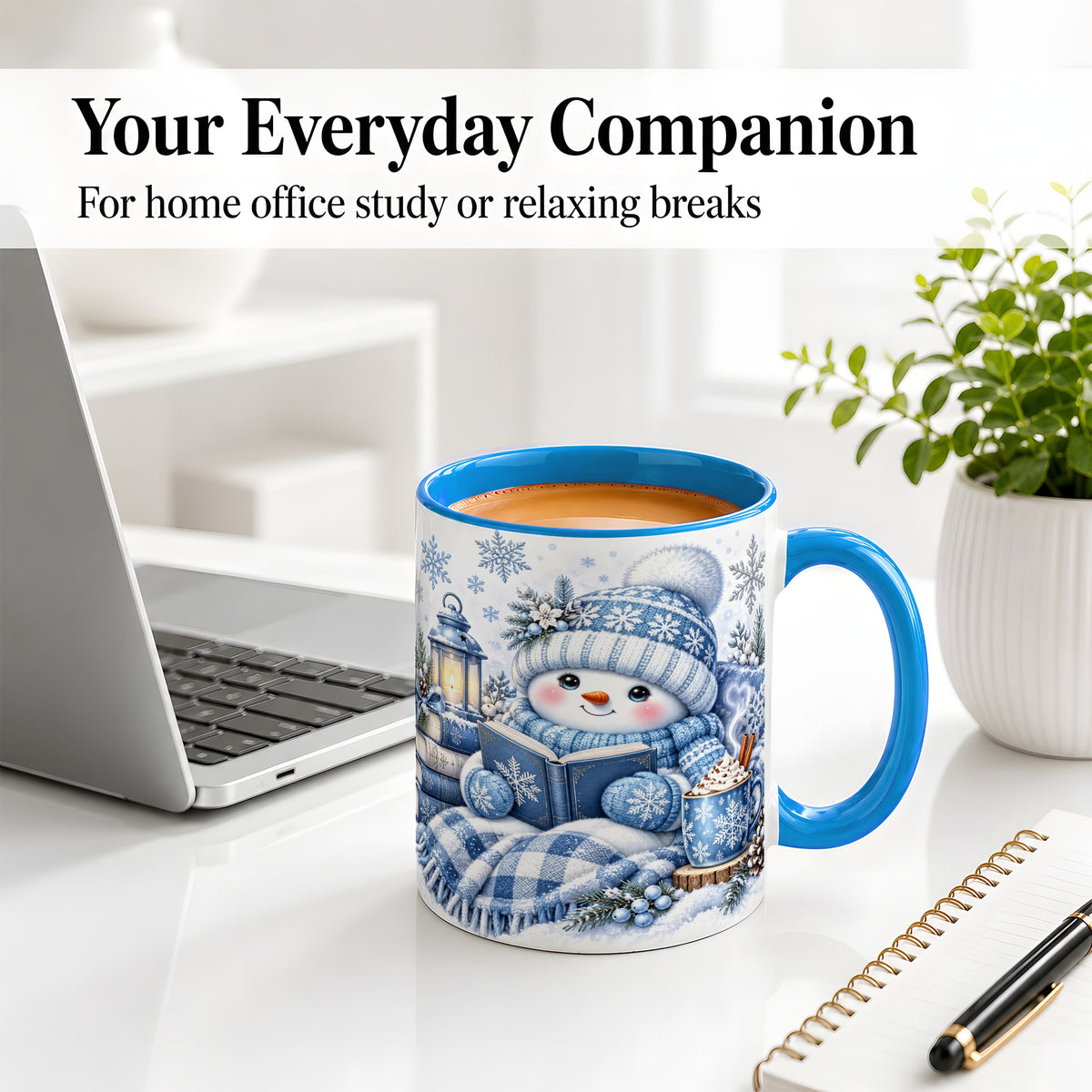 #pl[11oz|Blue] Cozy Winter Snowman Accent Mug, Ceramic Mug with Book Art