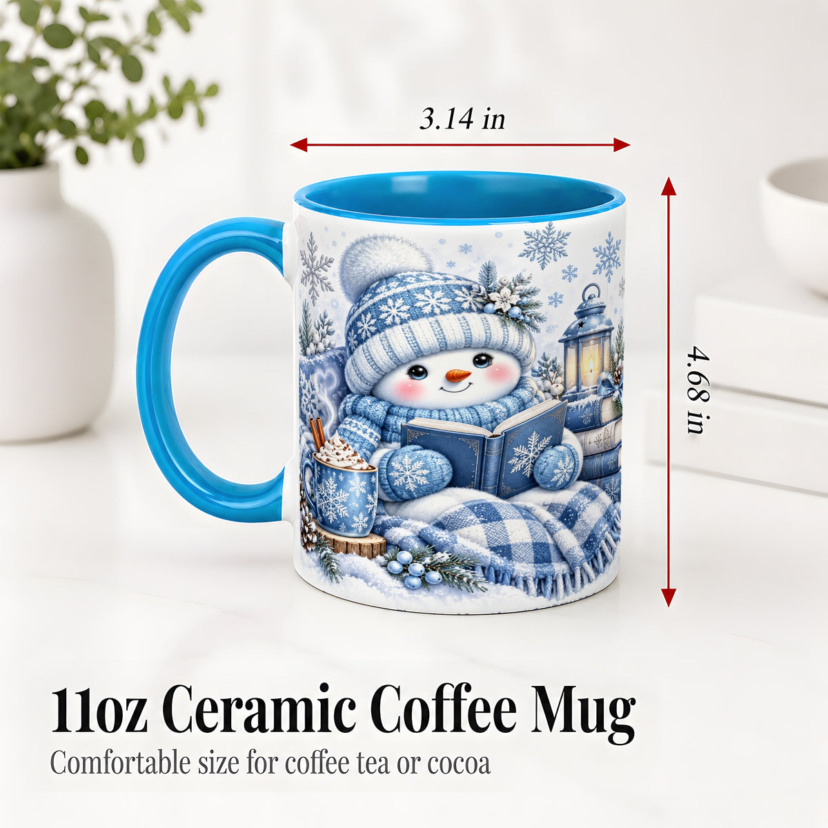 #pl[11oz|Blue] Cozy Winter Snowman Accent Mug, Ceramic Mug with Book Art