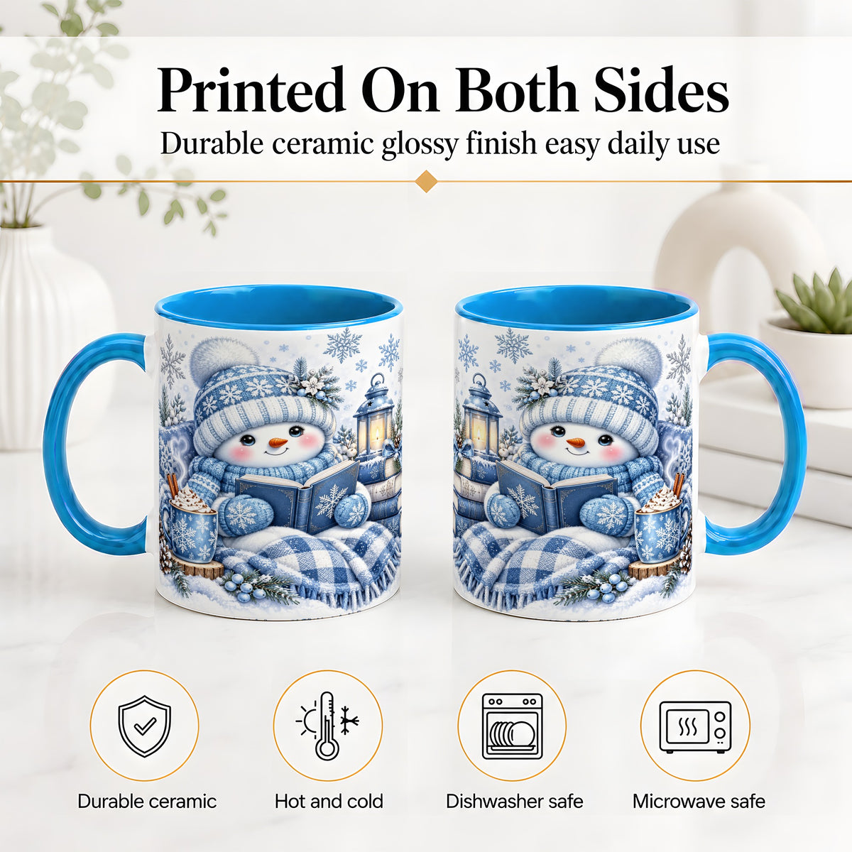 #pl[11oz|Blue] Cozy Winter Snowman Accent Mug, Ceramic Mug with Book Art