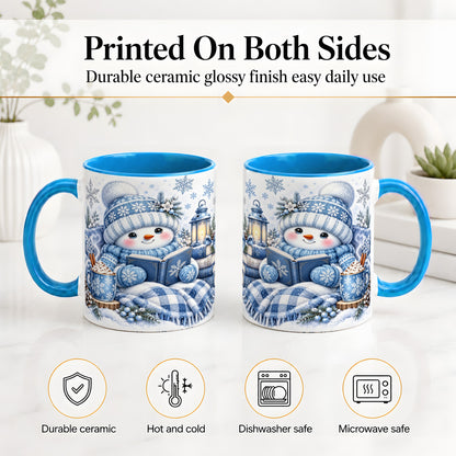 #pl[11oz|Blue] Cozy Winter Snowman Accent Mug, Ceramic Mug with Book Art