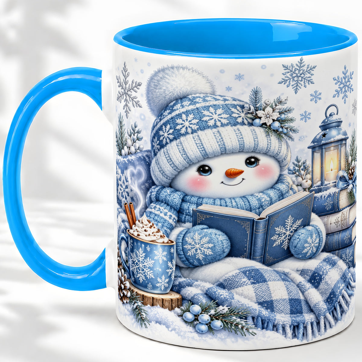 #pl[11oz|Blue] Cozy Winter Snowman Accent Mug, Ceramic Mug with Book Art