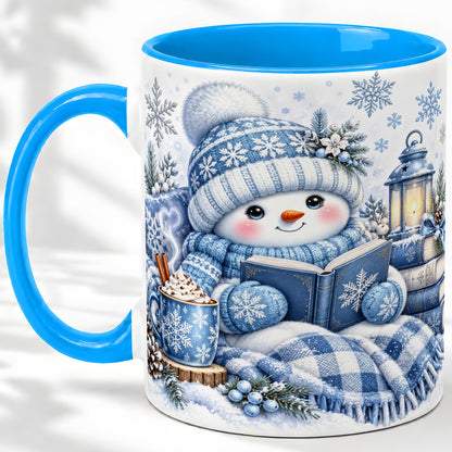 #pl[11oz|Blue] Cozy Winter Snowman Accent Mug, Ceramic Mug with Book Art