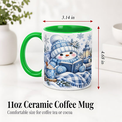 #pl[11oz|Green] Cozy Winter Snowman Accent Mug, Ceramic Mug with Book Art