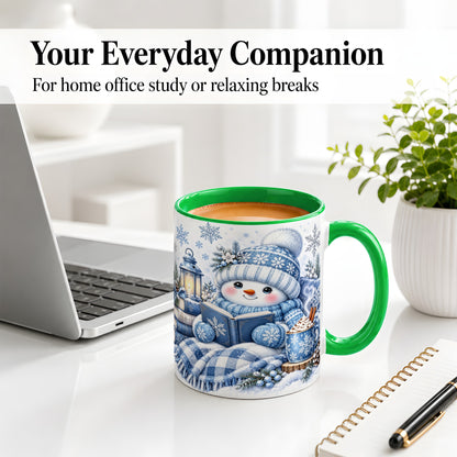 #pl[11oz|Green] Cozy Winter Snowman Accent Mug, Ceramic Mug with Book Art