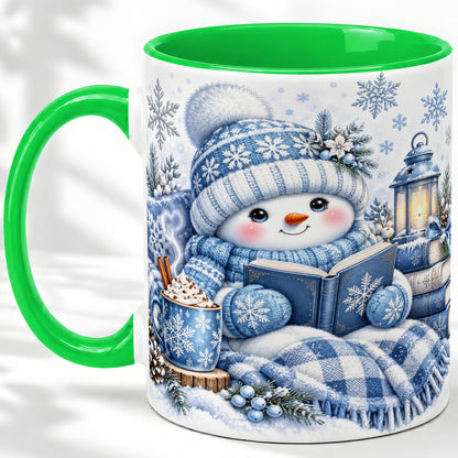 #pl[11oz|Green] Cozy Winter Snowman Accent Mug, Ceramic Mug with Book Art
