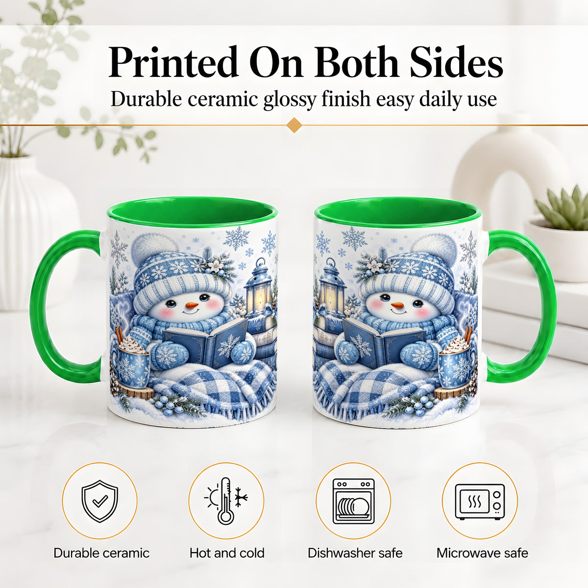 #pl[11oz|Green] Cozy Winter Snowman Accent Mug, Ceramic Mug with Book Art