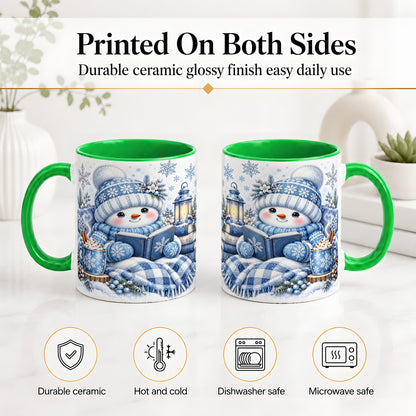 #pl[11oz|Green] Cozy Winter Snowman Accent Mug, Ceramic Mug with Book Art
