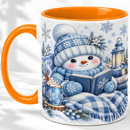 #pl[11oz|Orange] Cozy Winter Snowman Accent Mug, Ceramic Mug with Book Art