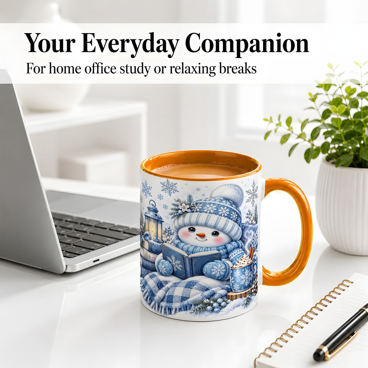 #pl[11oz|Orange] Cozy Winter Snowman Accent Mug, Ceramic Mug with Book Art