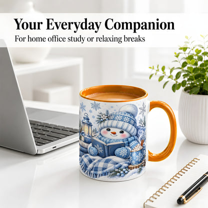 #pl[11oz|Orange] Cozy Winter Snowman Accent Mug, Ceramic Mug with Book Art