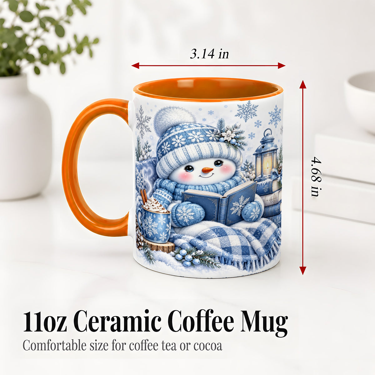 #pl[11oz|Orange] Cozy Winter Snowman Accent Mug, Ceramic Mug with Book Art