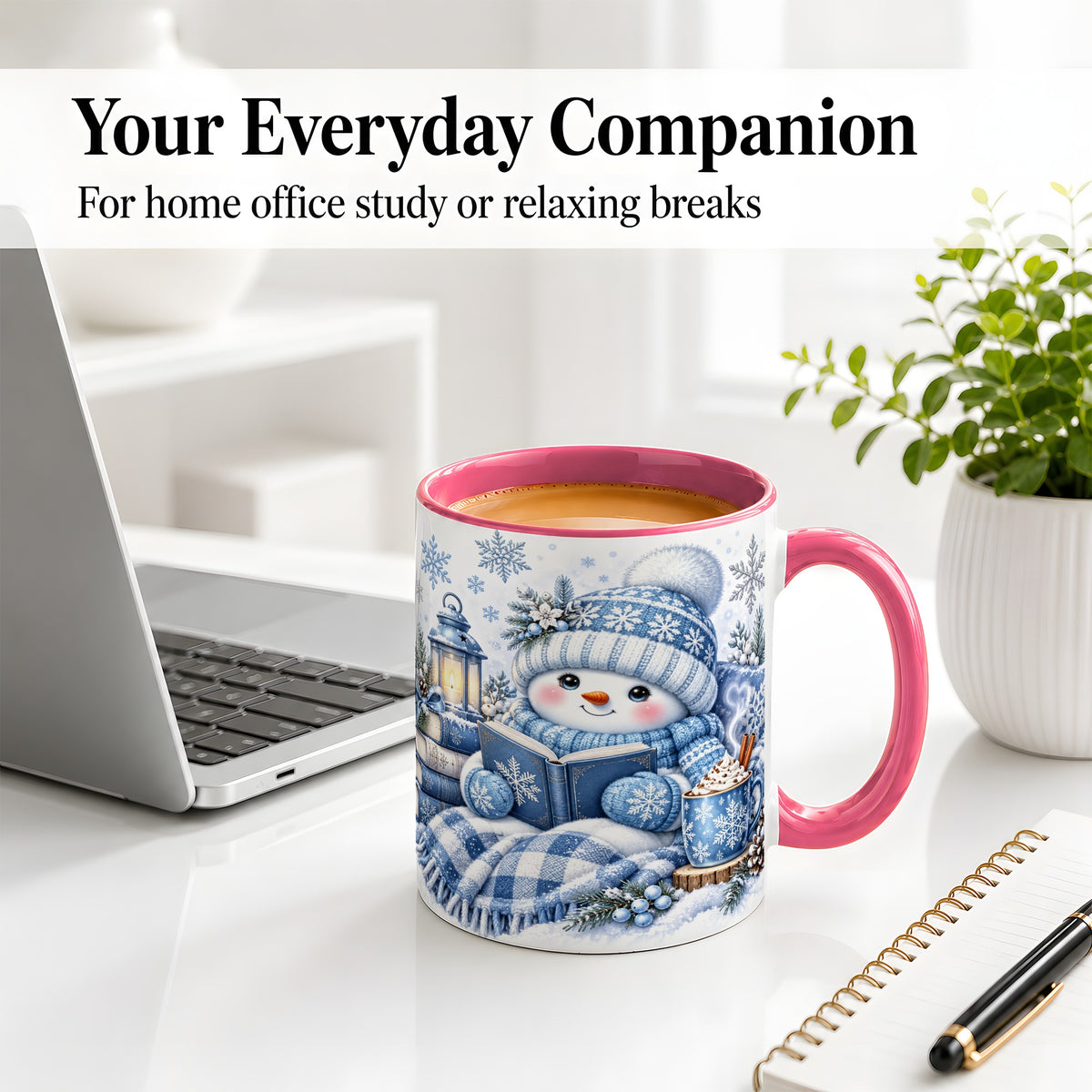 #pl[11oz|Pink] Cozy Winter Snowman Accent Mug, Ceramic Mug with Book Art