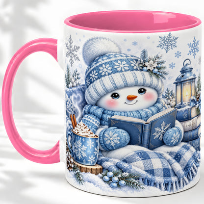#pl[11oz|Pink] Cozy Winter Snowman Accent Mug, Ceramic Mug with Book Art