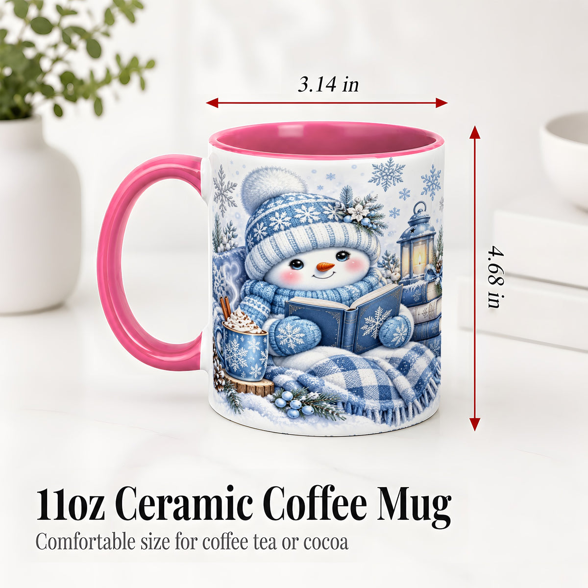 #pl[11oz|Pink] Cozy Winter Snowman Accent Mug, Ceramic Mug with Book Art