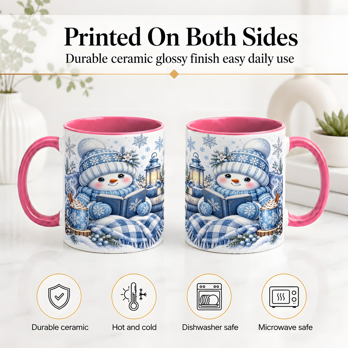#pl[11oz|Pink] Cozy Winter Snowman Accent Mug, Ceramic Mug with Book Art