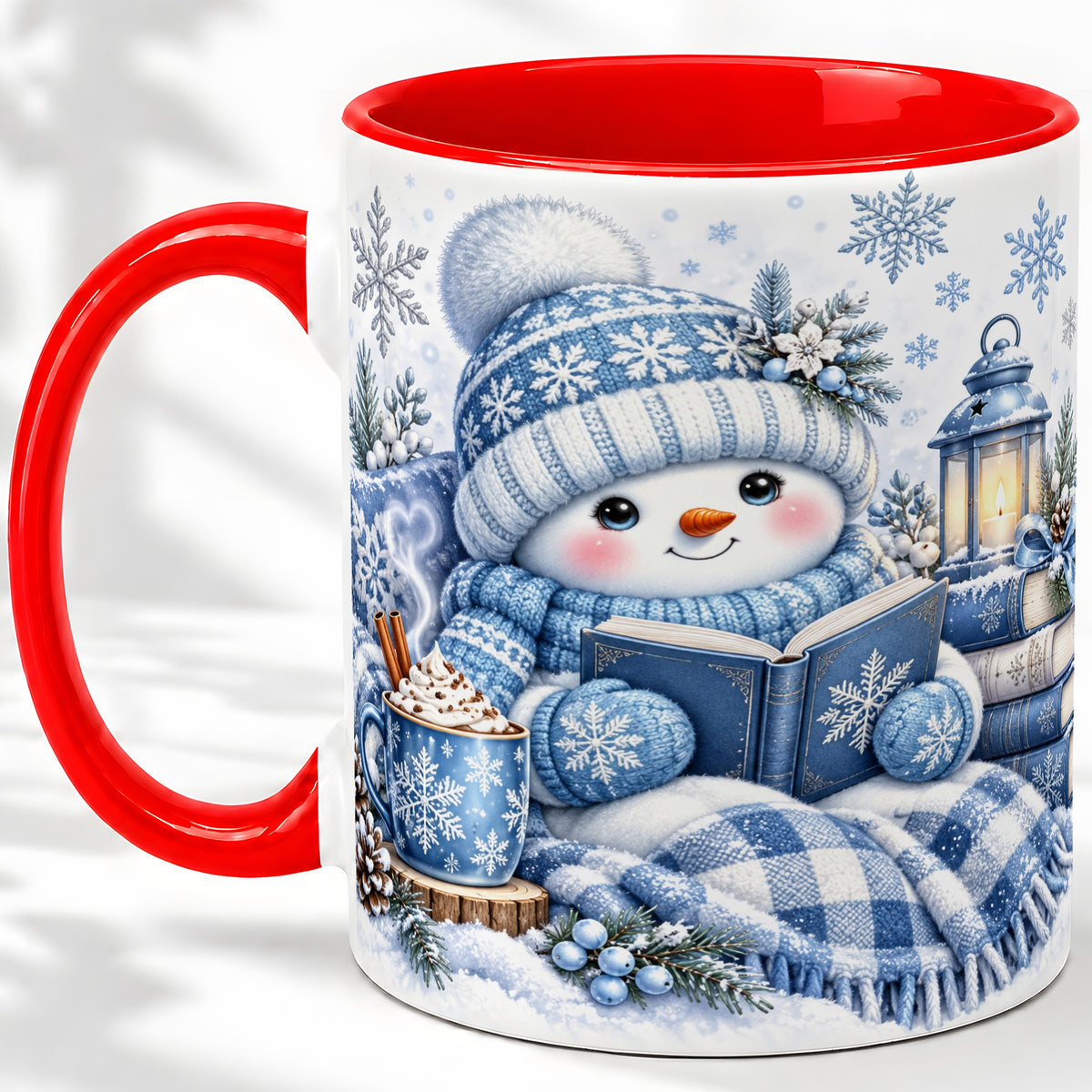 Cozy Winter Snowman Accent Mug, Ceramic Mug with Book Art
