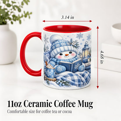 #pl[11oz|Red] Cozy Winter Snowman Accent Mug, Ceramic Mug with Book Art