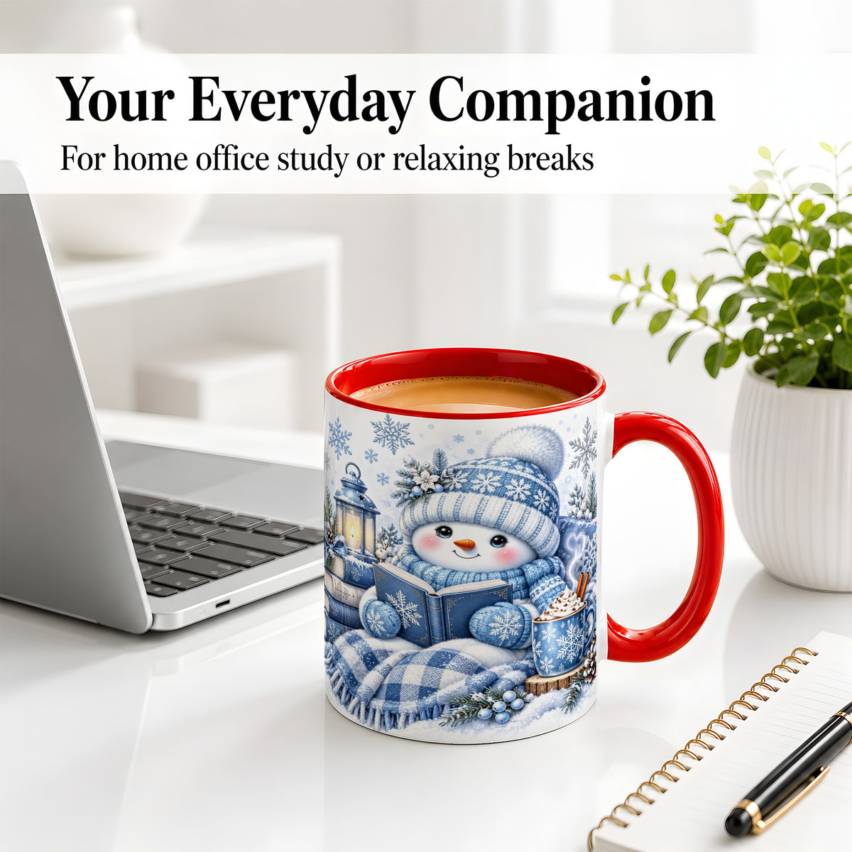 #pl[11oz|Red] Cozy Winter Snowman Accent Mug, Ceramic Mug with Book Art
