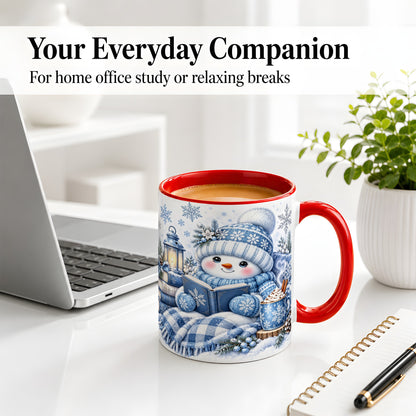 #pl[11oz|Red] Cozy Winter Snowman Accent Mug, Ceramic Mug with Book Art