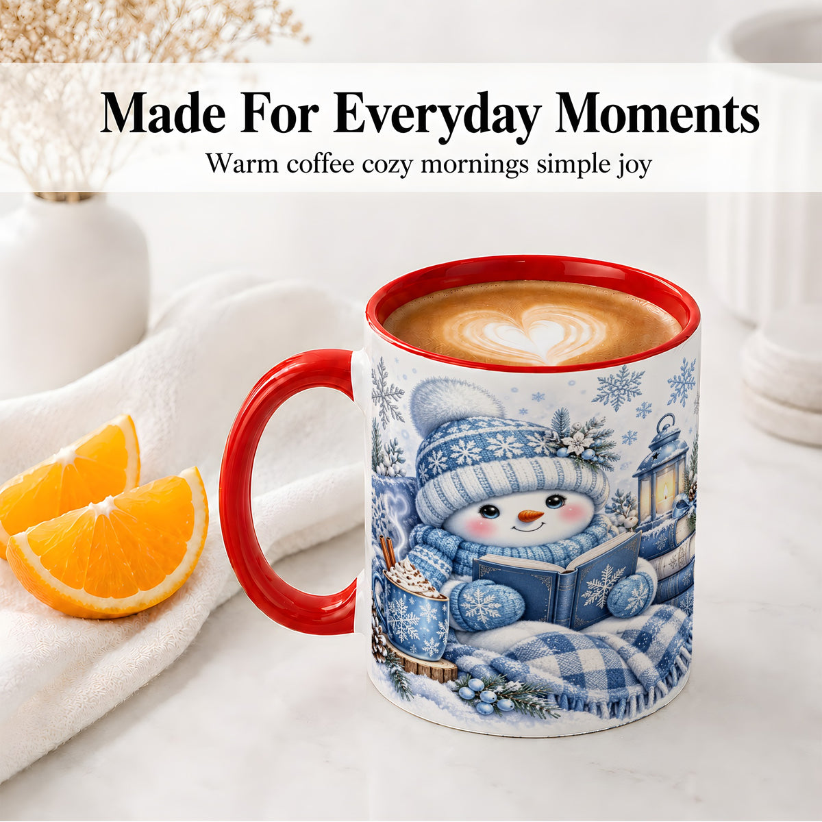 #pl[11oz|Red] Cozy Winter Snowman Accent Mug, Ceramic Mug with Book Art